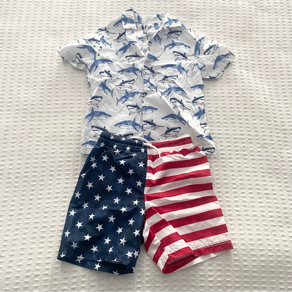 Shark Print Shirt and American Flag Shorts Set 4T